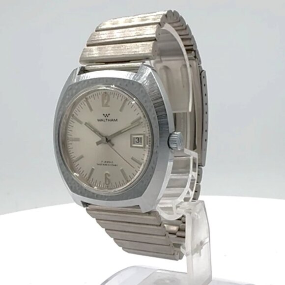 Vintage 38mm Waltham Date Brushed Men's Mechanical Wristwatch Chrome Plated NOS - Picture 1 of 6